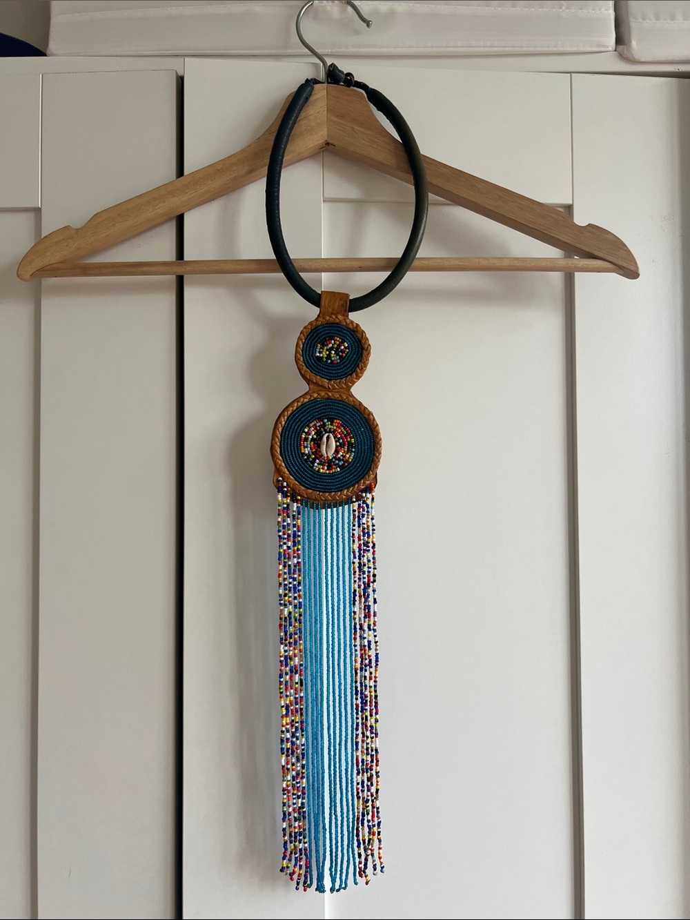Handmade Beaded Fringe Hair Necklace in Teal and Multicolor